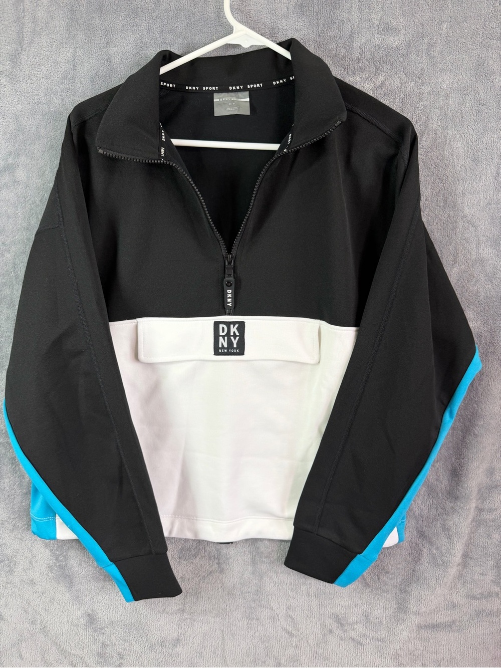DKNY Sport Colorblock Quarter Zip Pullover Sweatshirt Women Medium Black Blue